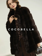 COCOBELLA Warm Faux Fur Fringe Straight V Neck Lady Commuter Coffee Brown Jackets