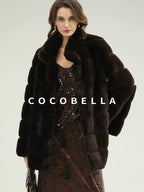 COCOBELLA Warm Faux Fur Fringe Straight V Neck Lady Commuter Coffee Brown Jackets