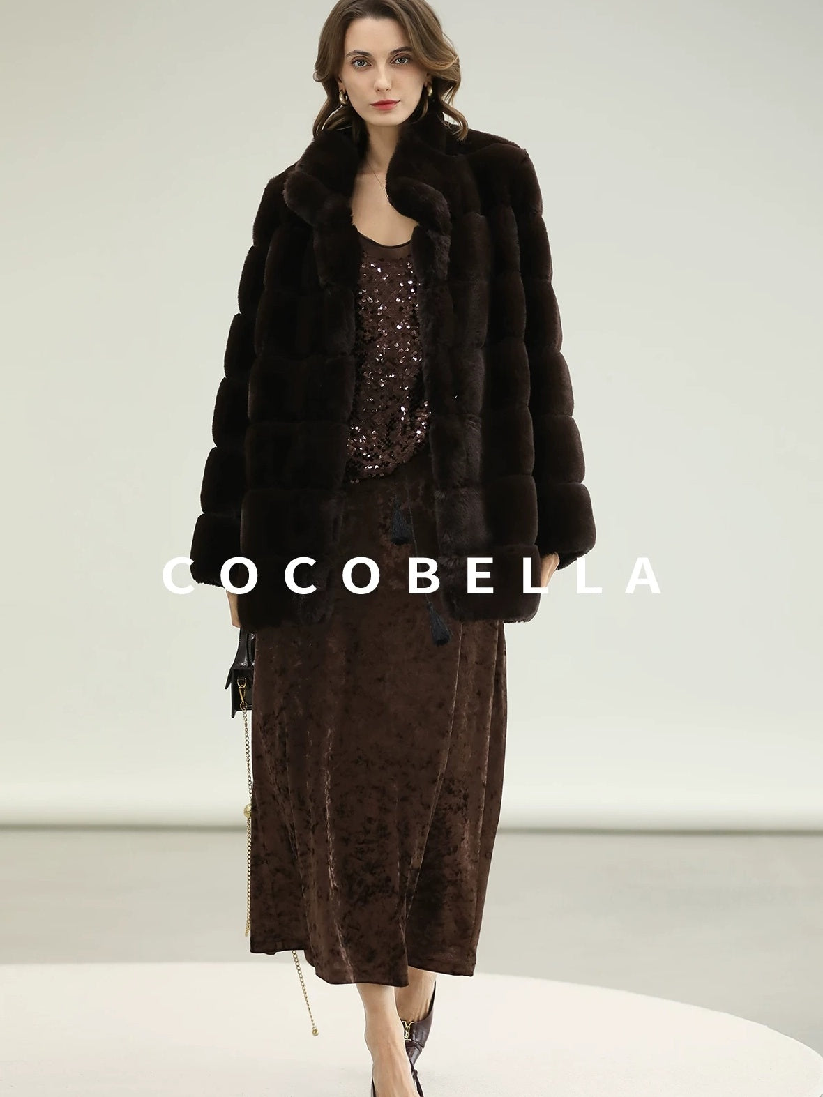 COCOBELLA Warm Faux Fur Fringe Straight V Neck Lady Commuter Coffee Brown Jackets