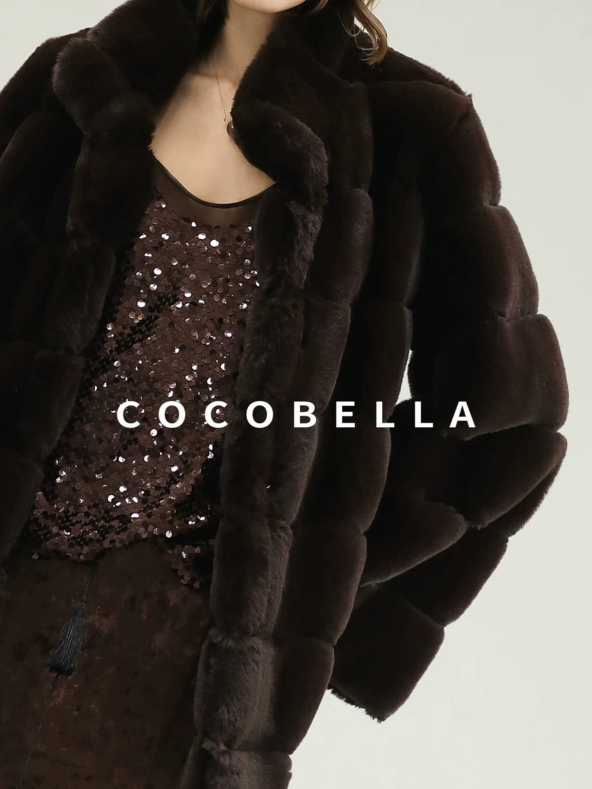 COCOBELLA Warm Faux Fur Fringe Straight V Neck Lady Commuter Coffee Brown Jackets