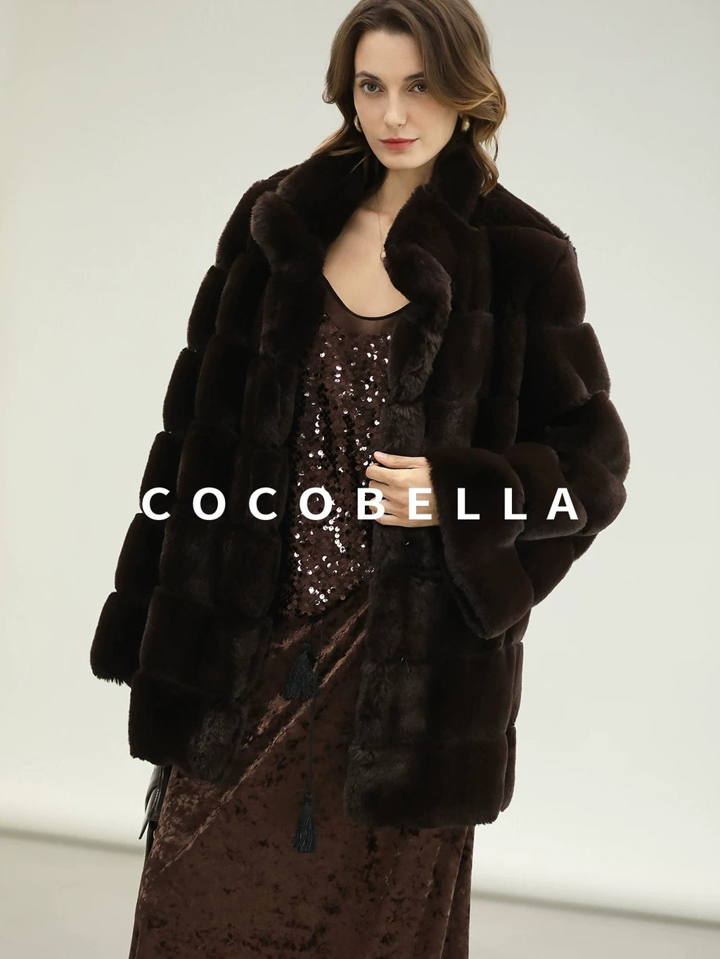 COCOBELLA Warm Faux Fur Fringe Straight V Neck Lady Commuter Coffee Brown Jackets
