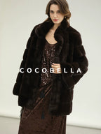 COCOBELLA Warm Faux Fur Fringe Straight V Neck Lady Commuter Coffee Brown Jackets