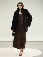 COCOBELLA Warm Faux Fur Fringe Straight V Neck Lady Commuter Coffee Brown Jackets