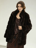 COCOBELLA Warm Faux Fur Fringe Straight V Neck Lady Commuter Coffee Brown Jackets