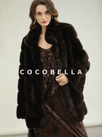 COCOBELLA Warm Faux Fur Fringe Straight V Neck Lady Commuter Coffee Brown Jackets