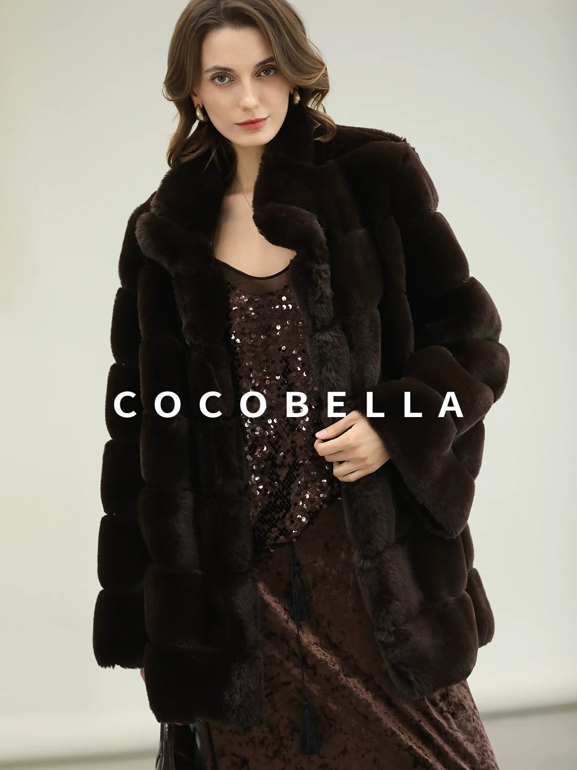COCOBELLA Warm Faux Fur Fringe Straight V Neck Lady Commuter Coffee Brown Jackets