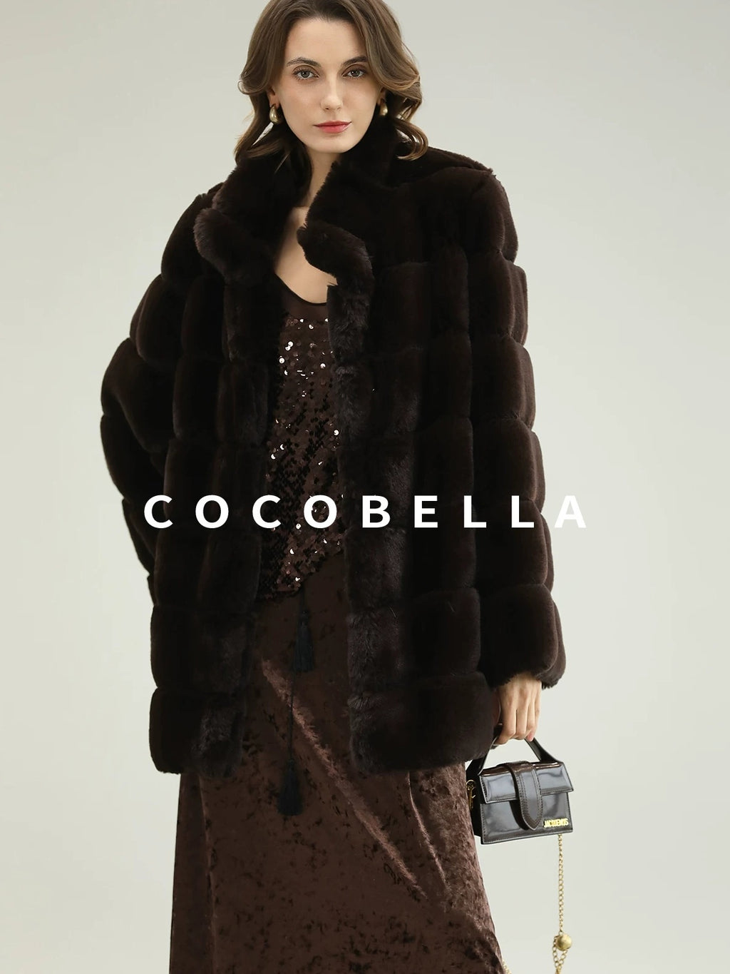 COCOBELLA Warm Faux Fur Fringe Straight V Neck Lady Commuter Coffee Brown Jackets