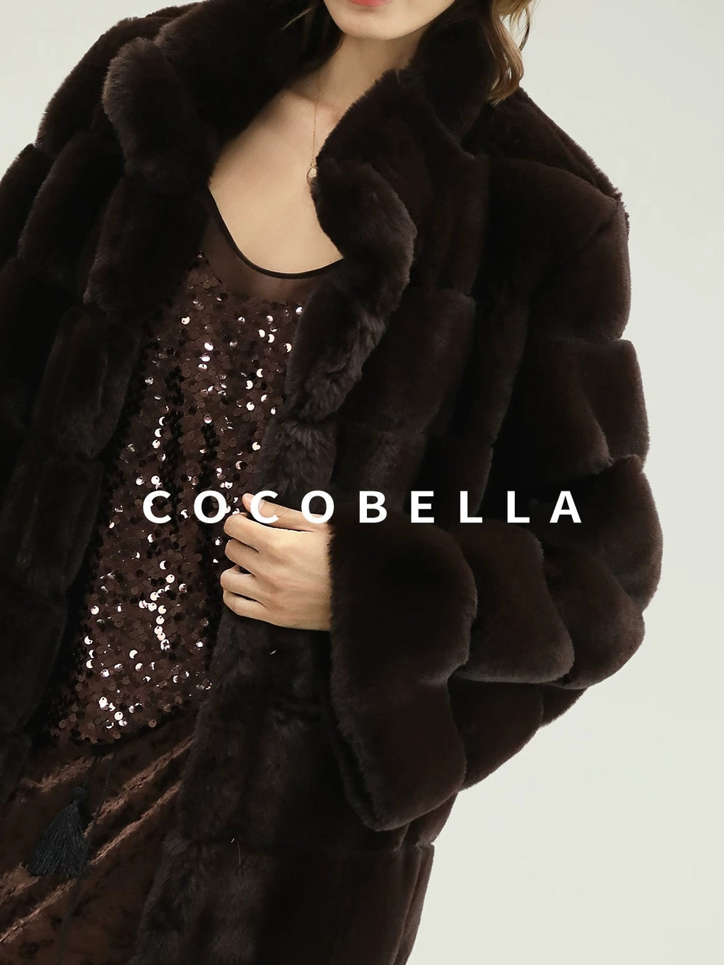 COCOBELLA Warm Faux Fur Fringe Straight V Neck Lady Commuter Coffee Brown Jackets