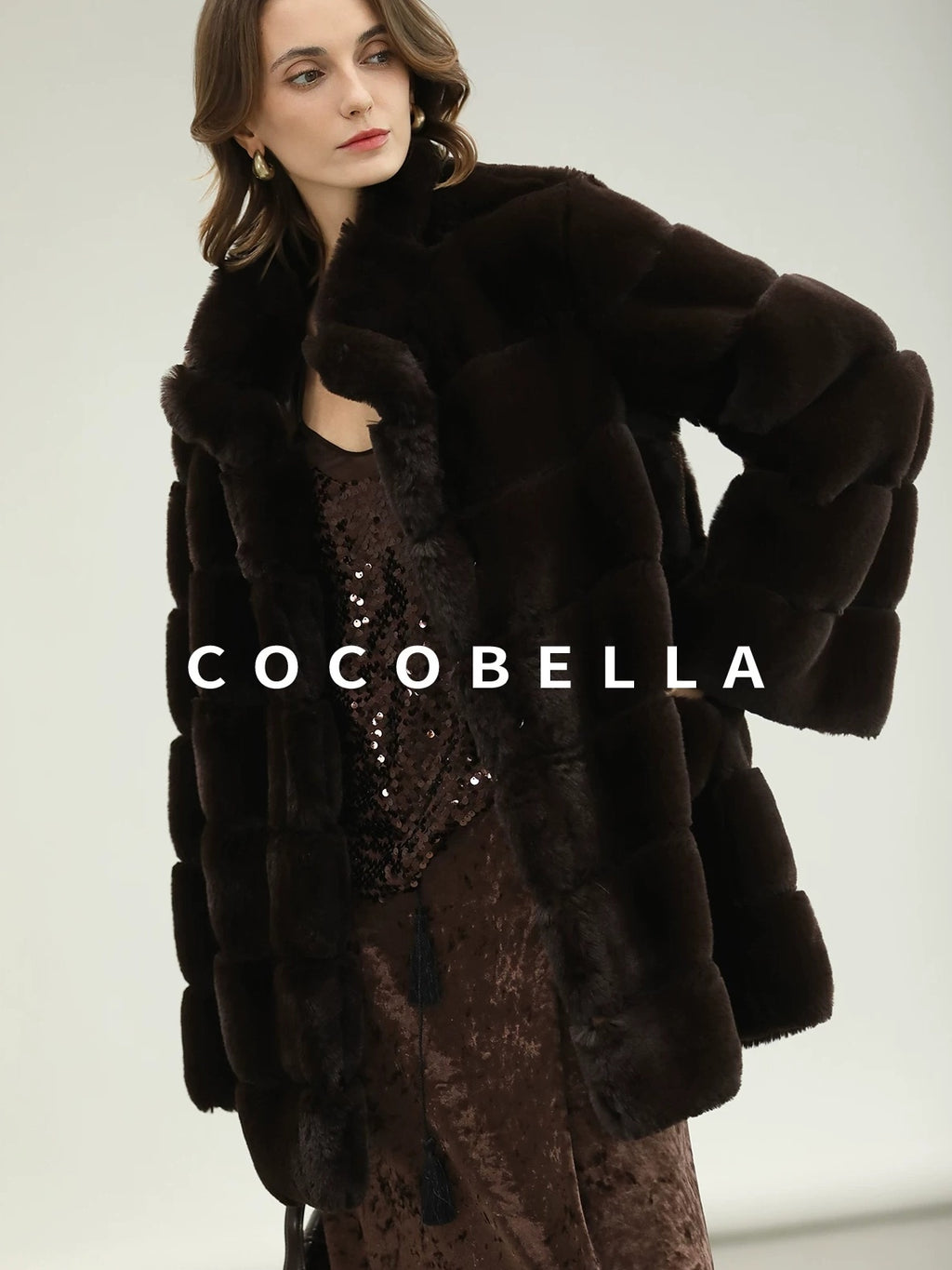 COCOBELLA Warm Faux Fur Fringe Straight V Neck Lady Commuter Coffee Brown Jackets