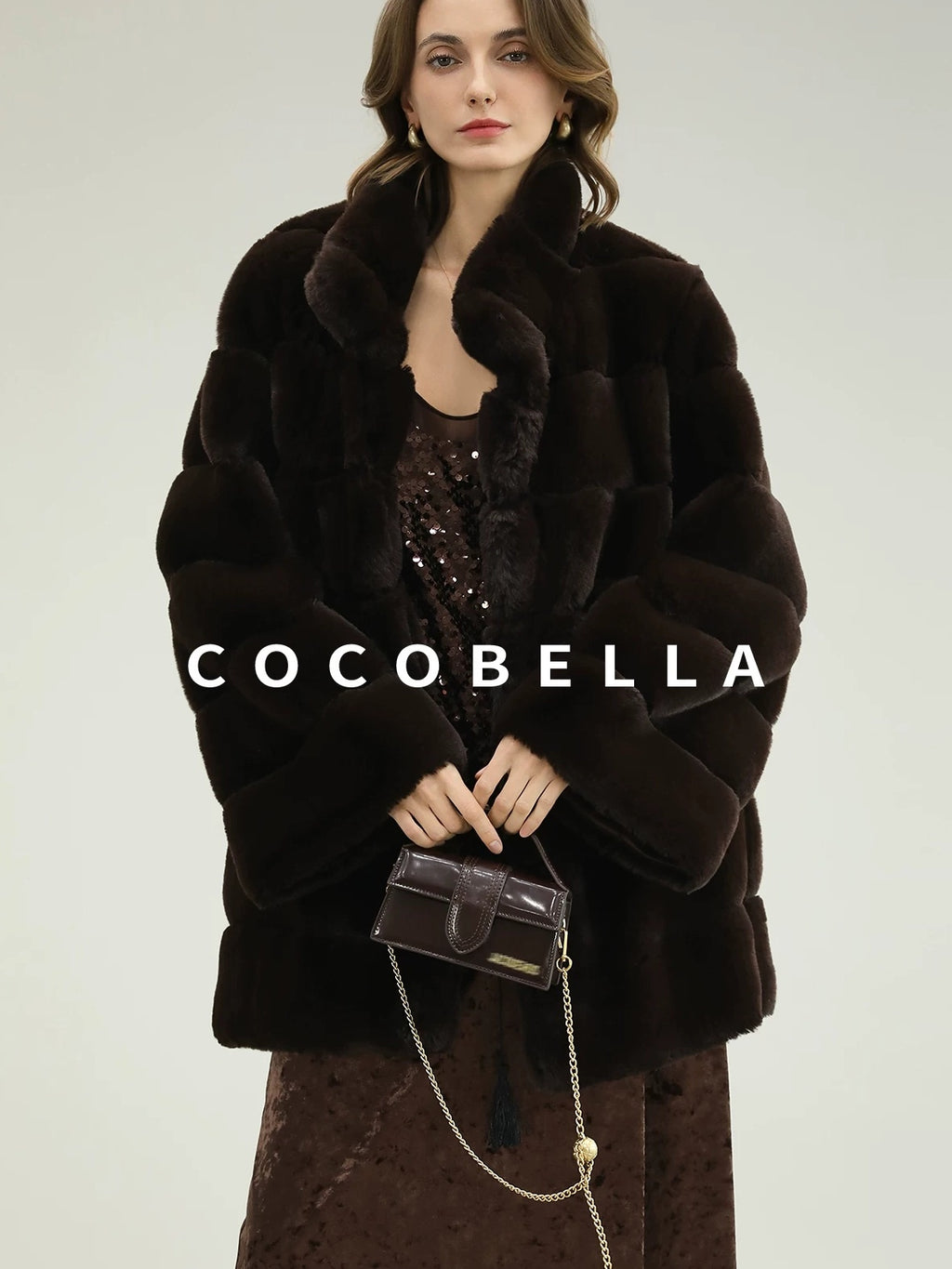 COCOBELLA Warm Faux Fur Fringe Straight V Neck Lady Commuter Coffee Brown Jackets