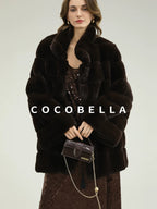 COCOBELLA Warm Faux Fur Fringe Straight V Neck Lady Commuter Coffee Brown Jackets
