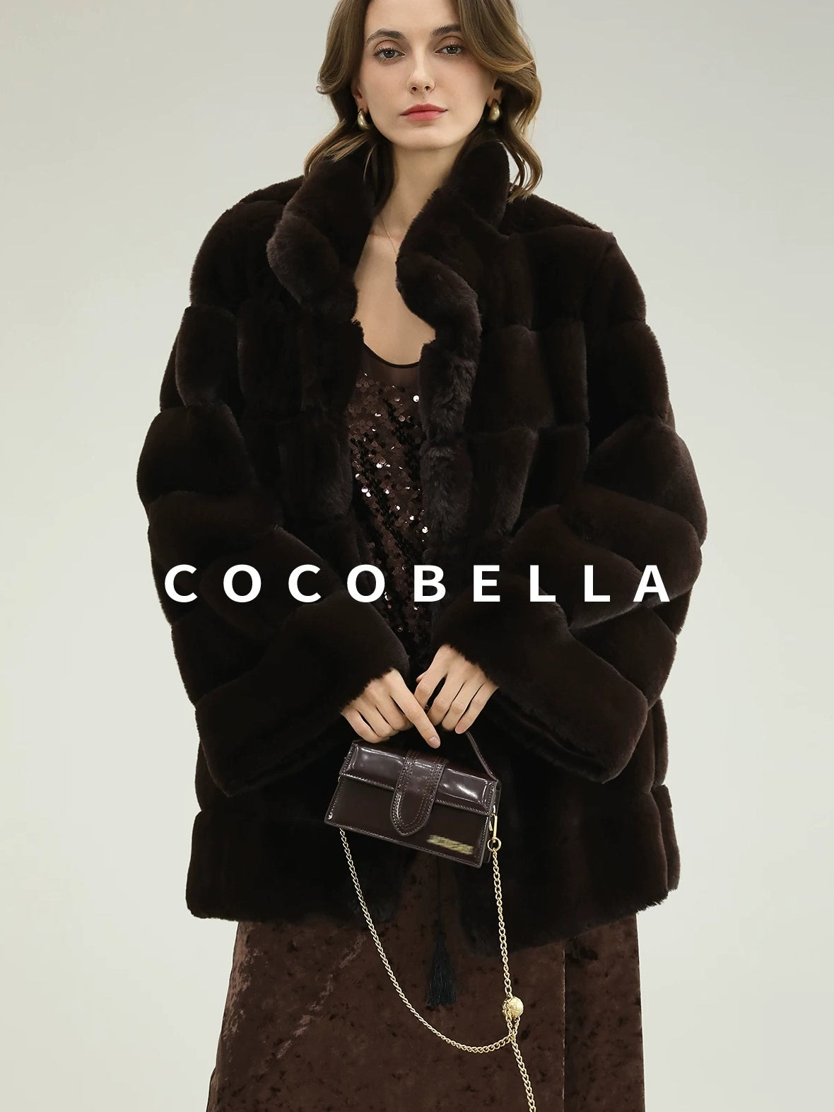 COCOBELLA Warm Faux Fur Fringe Straight V Neck Lady Commuter Coffee Brown Jackets