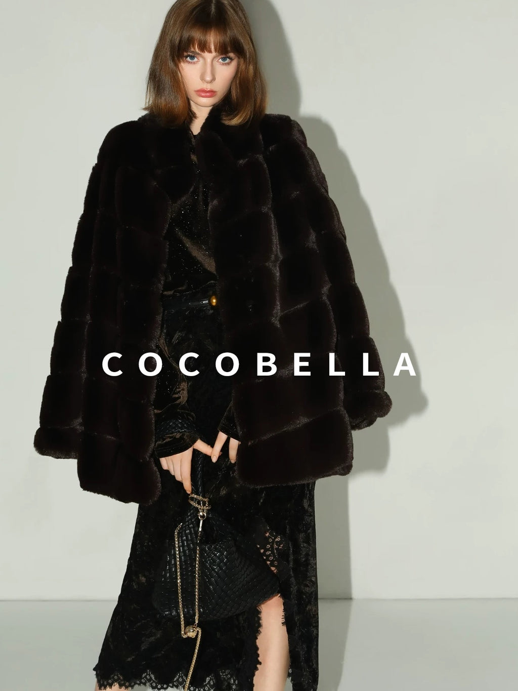 COCOBELLA Warm Faux Fur Mid Length Straight Stand Collar Ladies Commute Coffee Brown Coats