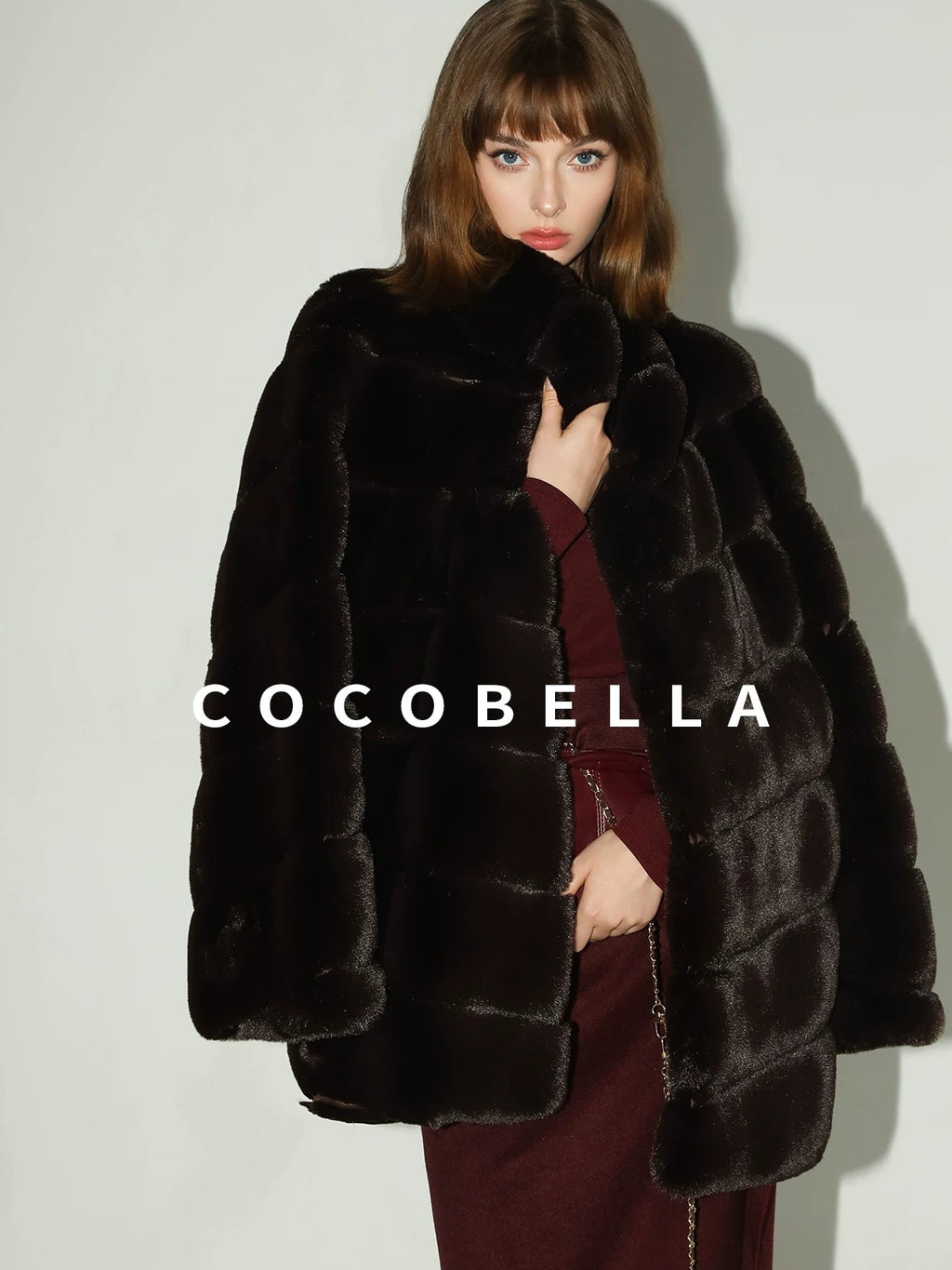 COCOBELLA Warm Faux Fur Mid Length Straight Stand Collar Ladies Commute Coffee Brown Coats