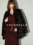 COCOBELLA Warm Faux Fur Mid Length Straight Stand Collar Ladies Commute Coffee Brown Coats