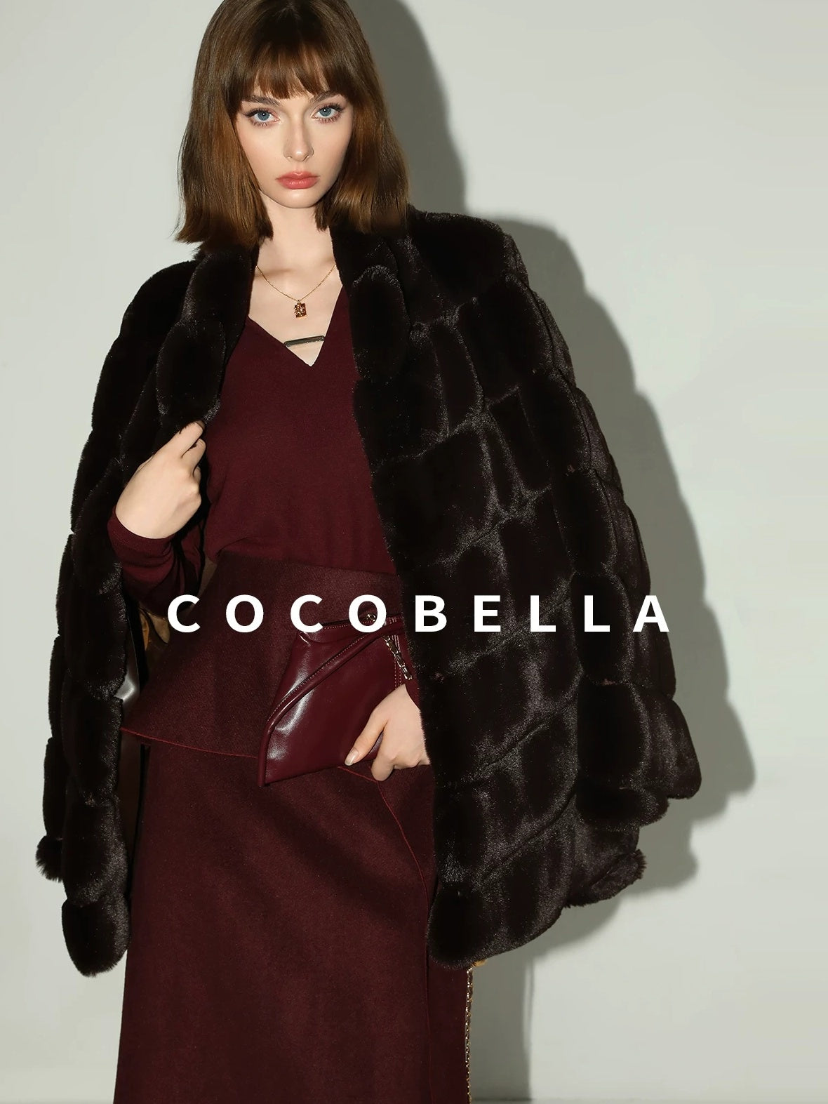 COCOBELLA Warm Faux Fur Mid Length Straight Stand Collar Ladies Commute Coffee Brown Coats