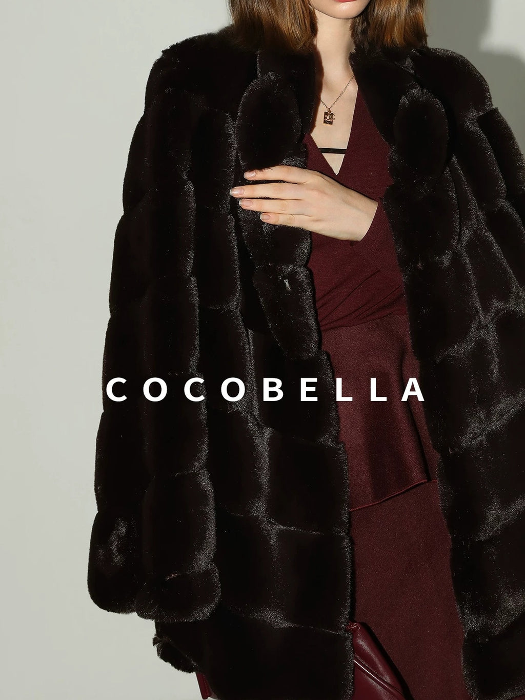 COCOBELLA Warm Faux Fur Mid Length Straight Stand Collar Ladies Commute Coffee Brown Coats