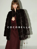 COCOBELLA Warm Faux Fur Mid Length Straight Stand Collar Ladies Commute Coffee Brown Coats