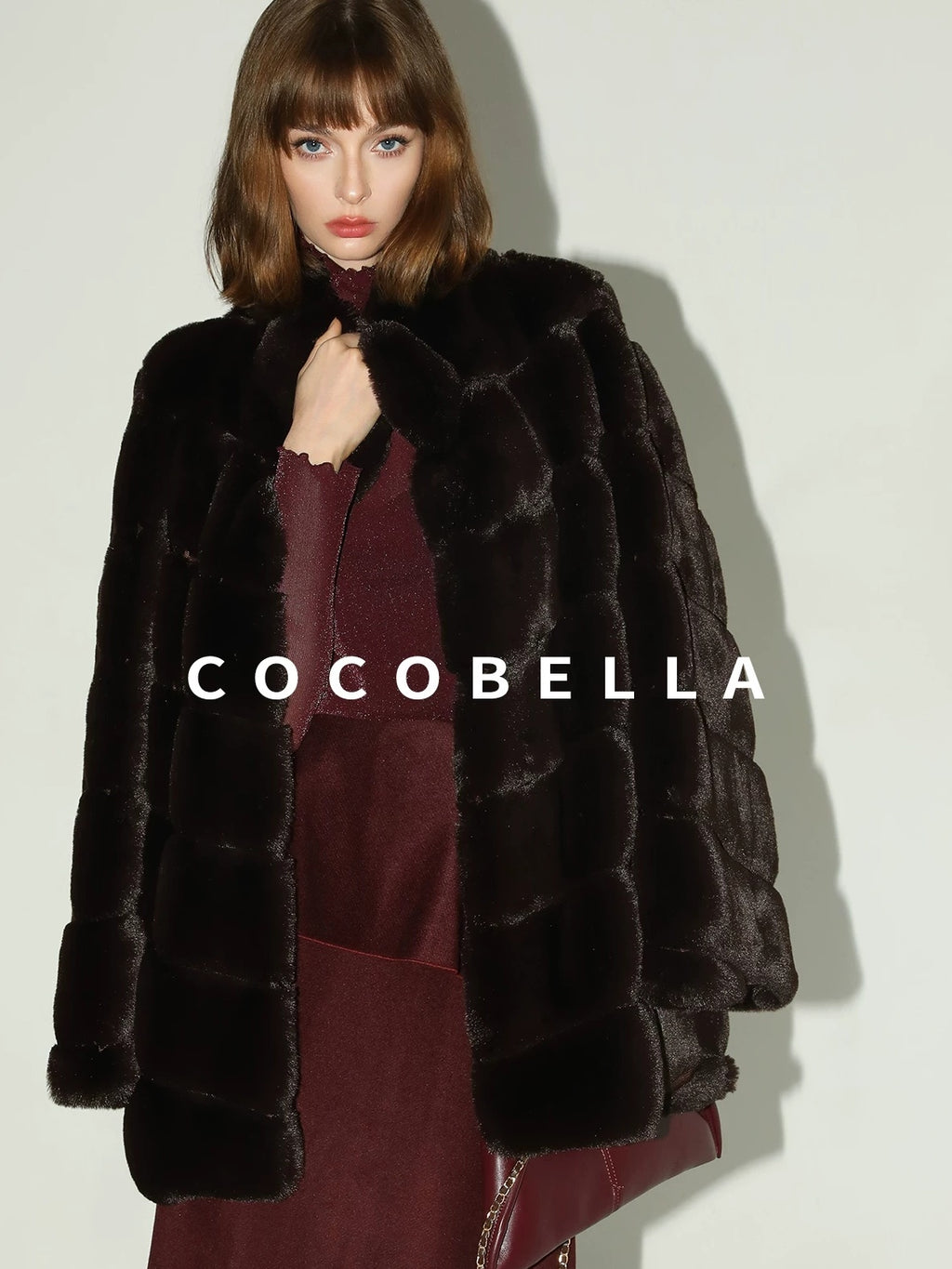 COCOBELLA Warm Faux Fur Mid Length Straight Stand Collar Ladies Commute Coffee Brown Coats