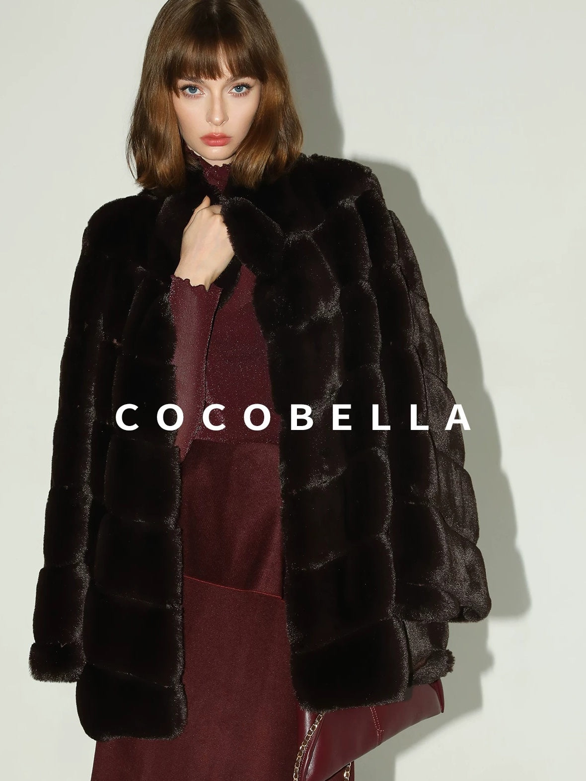COCOBELLA Warm Faux Fur Mid Length Straight Stand Collar Ladies Commute Coffee Brown Coats