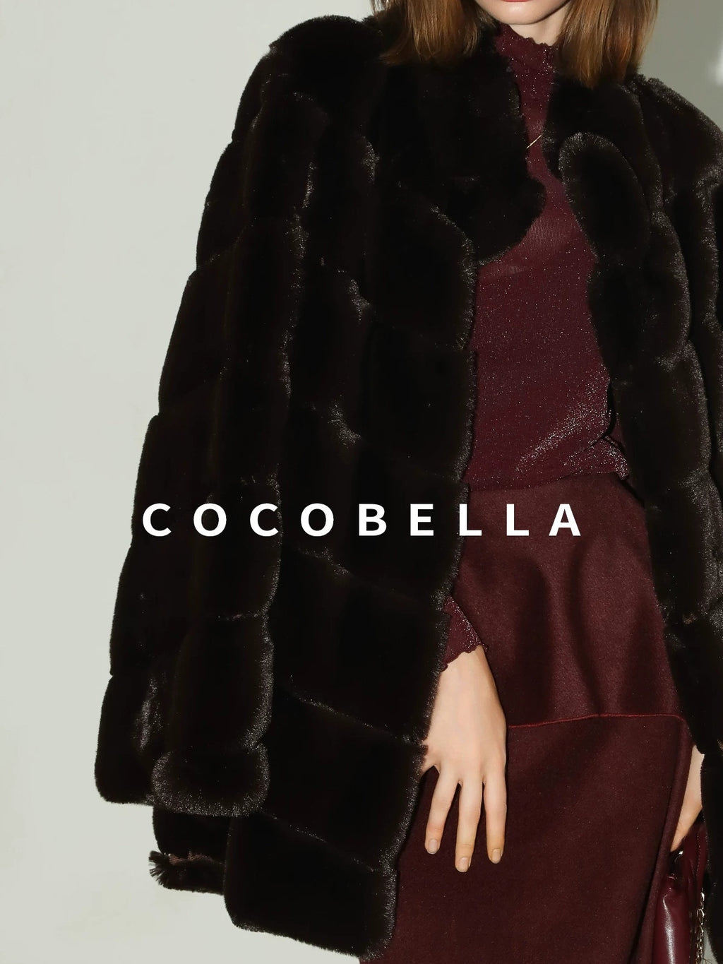 COCOBELLA Warm Faux Fur Mid Length Straight Stand Collar Ladies Commute Coffee Brown Coats