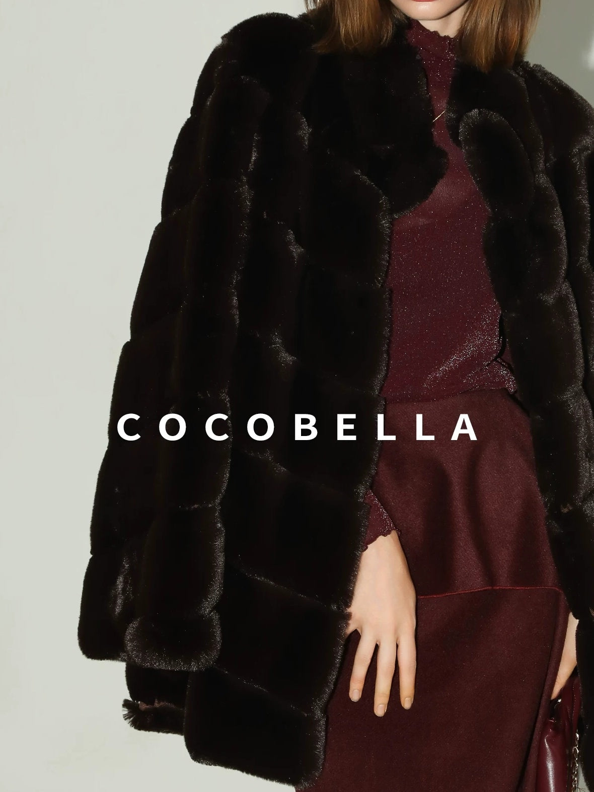 COCOBELLA Warm Faux Fur Mid Length Straight Stand Collar Ladies Commute Coffee Brown Coats