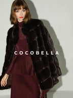 COCOBELLA Warm Faux Fur Mid Length Straight Stand Collar Ladies Commute Coffee Brown Coats