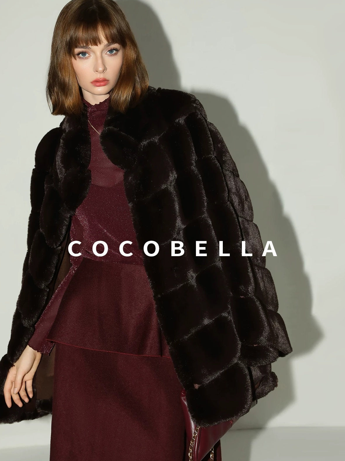 COCOBELLA Warm Faux Fur Mid Length Straight Stand Collar Ladies Commute Coffee Brown Coats