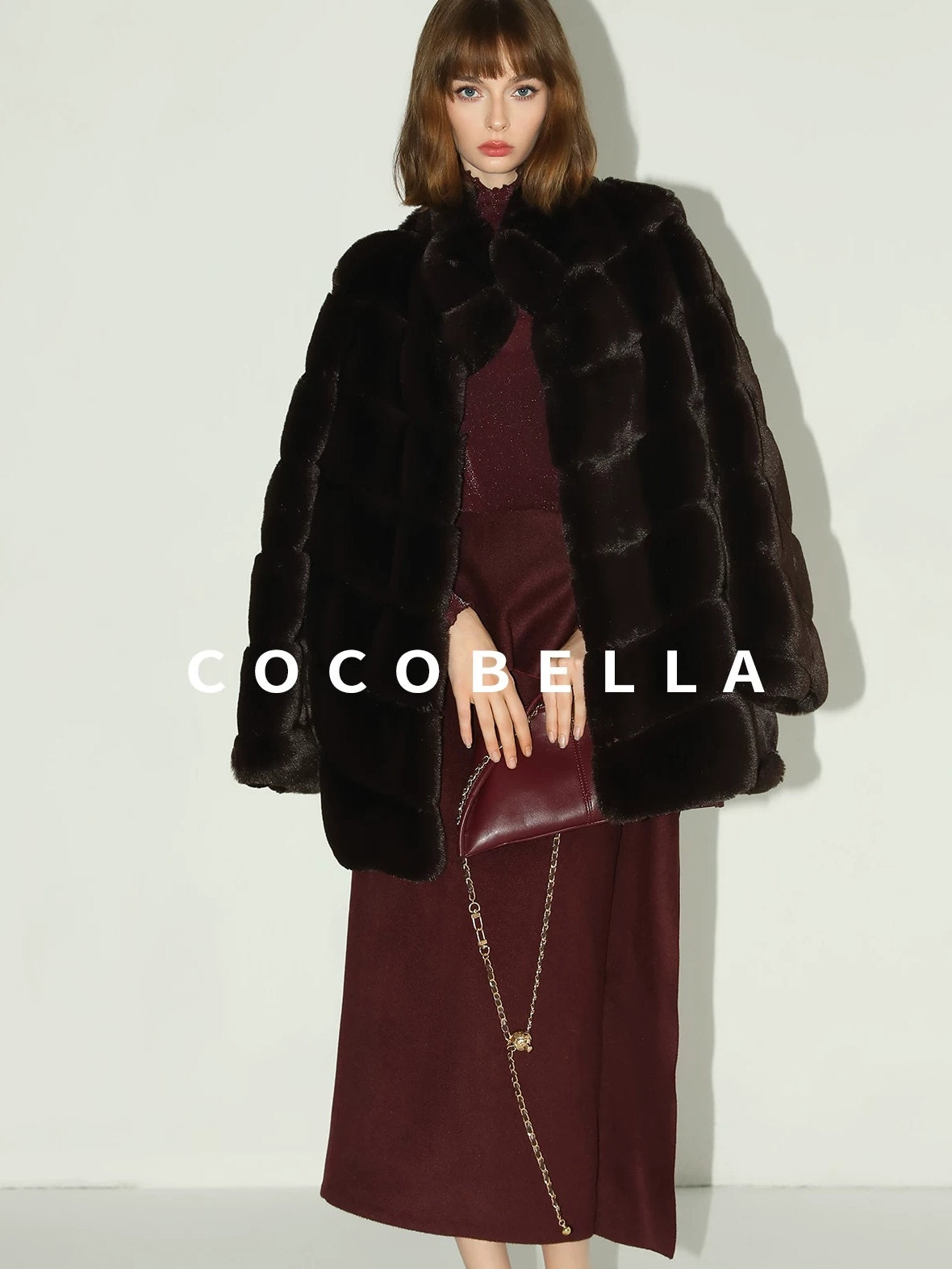 COCOBELLA Warm Faux Fur Mid Length Straight Stand Collar Ladies Commute Coffee Brown Coats