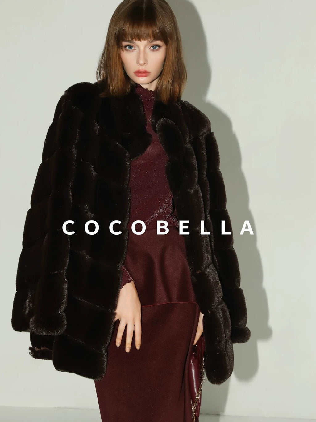 COCOBELLA Warm Faux Fur Mid Length Straight Stand Collar Ladies Commute Coffee Brown Coats