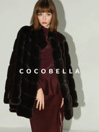 COCOBELLA Warm Faux Fur Mid Length Straight Stand Collar Ladies Commute Coffee Brown Coats