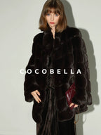 COCOBELLA Warm Faux Fur Mid Length Straight Stand Collar Ladies Commute Coffee Brown Coats