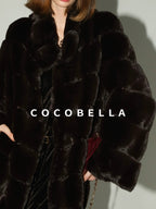COCOBELLA Warm Faux Fur Mid Length Straight Stand Collar Ladies Commute Coffee Brown Coats