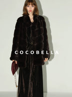 COCOBELLA Warm Faux Fur Mid Length Straight Stand Collar Ladies Commute Coffee Brown Coats