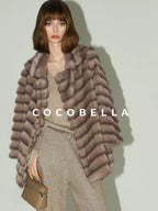 COCOBELLA Warm Faux Fur Oversized Lapel Collar Commuter Women Pastel Stripe Jackets