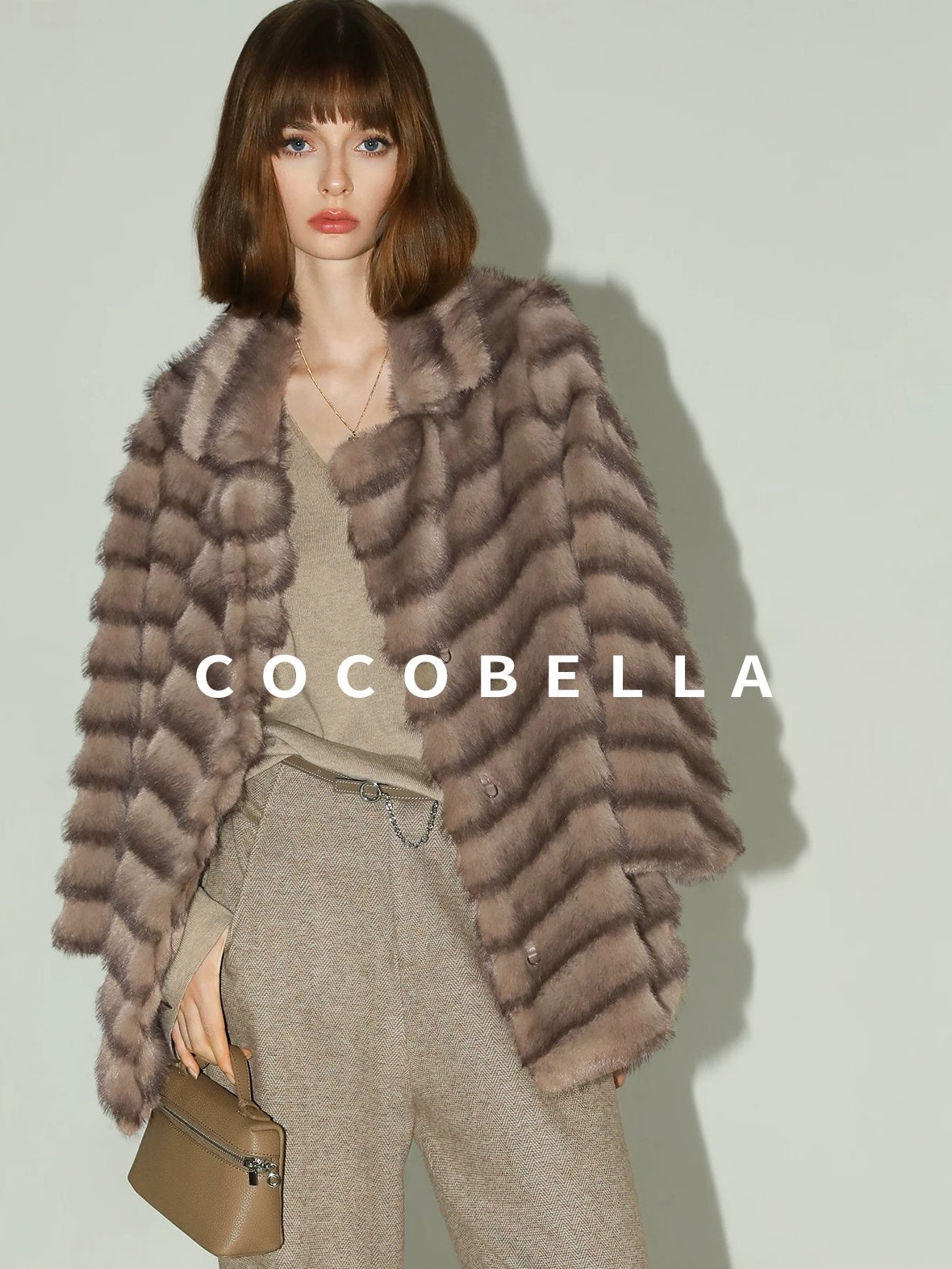 COCOBELLA Warm Faux Fur Oversized Lapel Collar Commuter Women Pastel Stripe Jackets