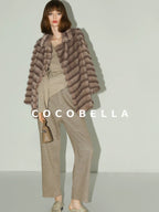 COCOBELLA Warm Faux Fur Oversized Lapel Collar Commuter Women Pastel Stripe Jackets