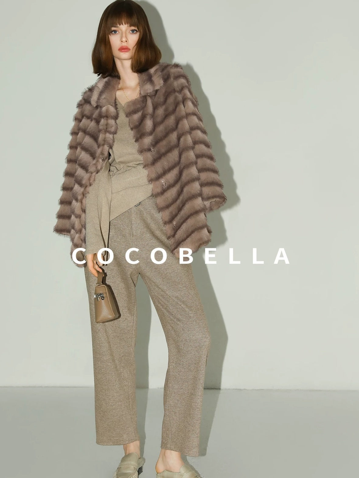 COCOBELLA Warm Faux Fur Oversized Lapel Collar Commuter Women Pastel Stripe Jackets