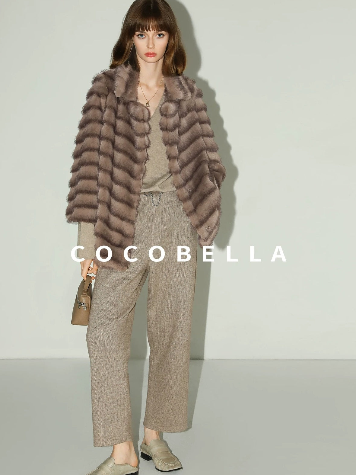 COCOBELLA Warm Faux Fur Oversized Lapel Collar Commuter Women Pastel Stripe Jackets