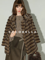 COCOBELLA Warm Faux Fur Oversized Lapel Collar Commuter Women Pastel Stripe Jackets