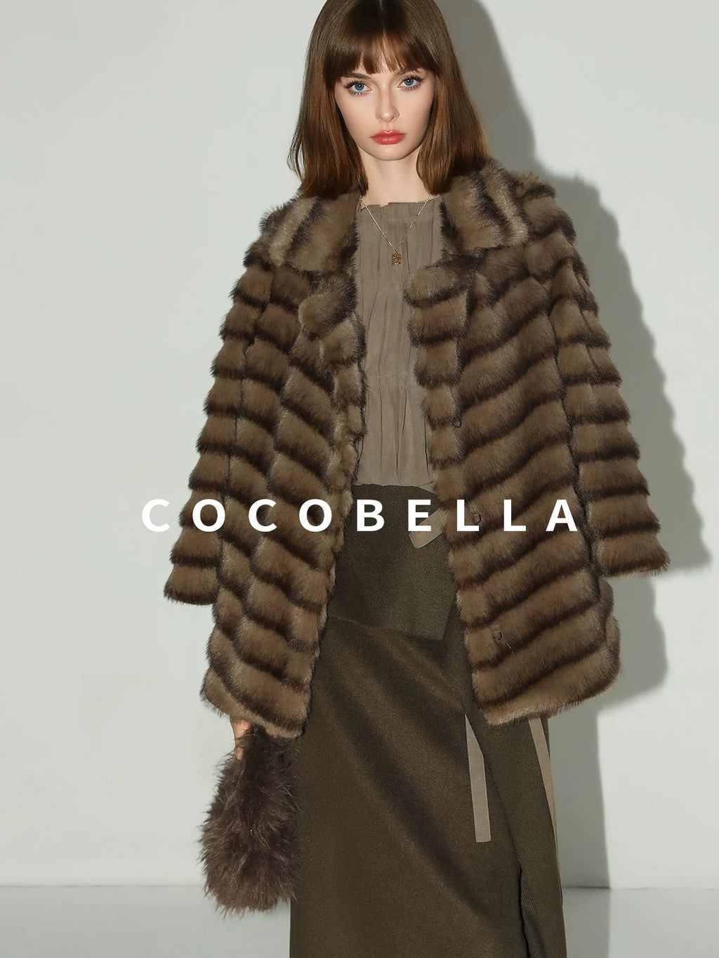 COCOBELLA Warm Faux Fur Oversized Lapel Collar Commuter Women Pastel Stripe Jackets
