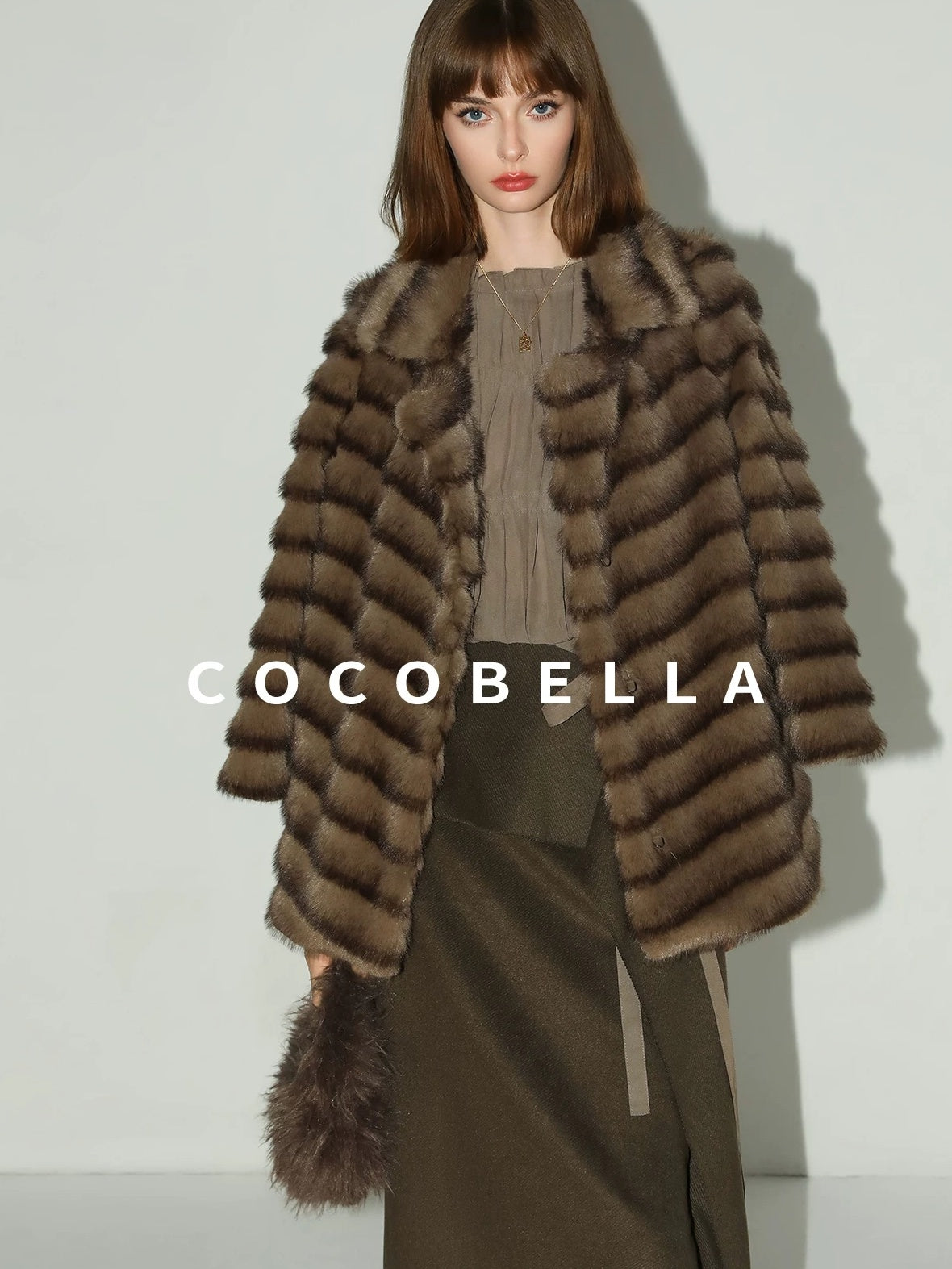 COCOBELLA Warm Faux Fur Oversized Lapel Collar Commuter Women Pastel Stripe Jackets