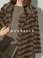 COCOBELLA Warm Faux Fur Oversized Lapel Collar Commuter Women Pastel Stripe Jackets