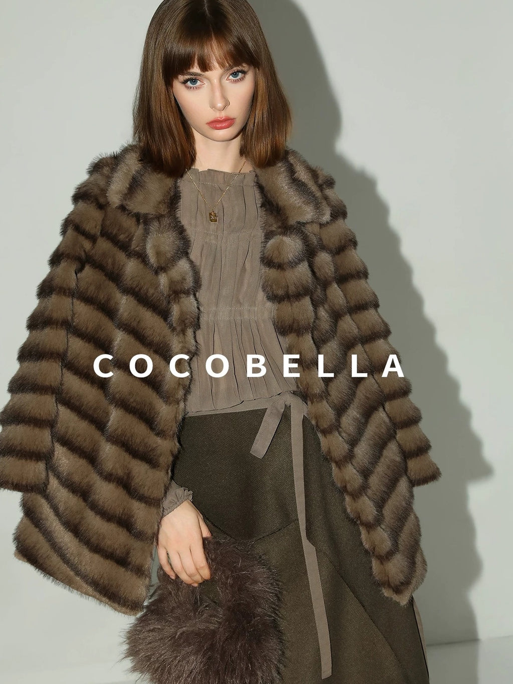 COCOBELLA Warm Faux Fur Oversized Lapel Collar Commuter Women Pastel Stripe Jackets