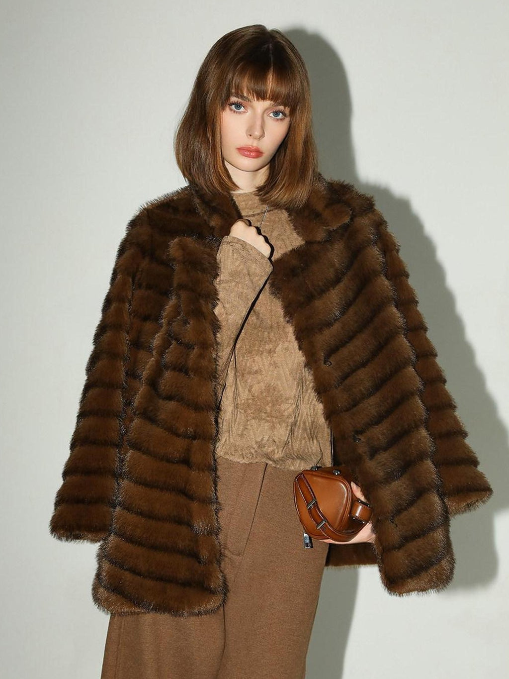 COCOBELLA Warm Faux Fur Oversized Lapel Collar Commuter Women Pastel Stripe Jackets