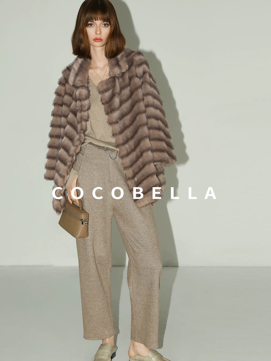 COCOBELLA Warm Faux Fur Oversized Lapel Collar Commuter Women Pastel Stripe Jackets
