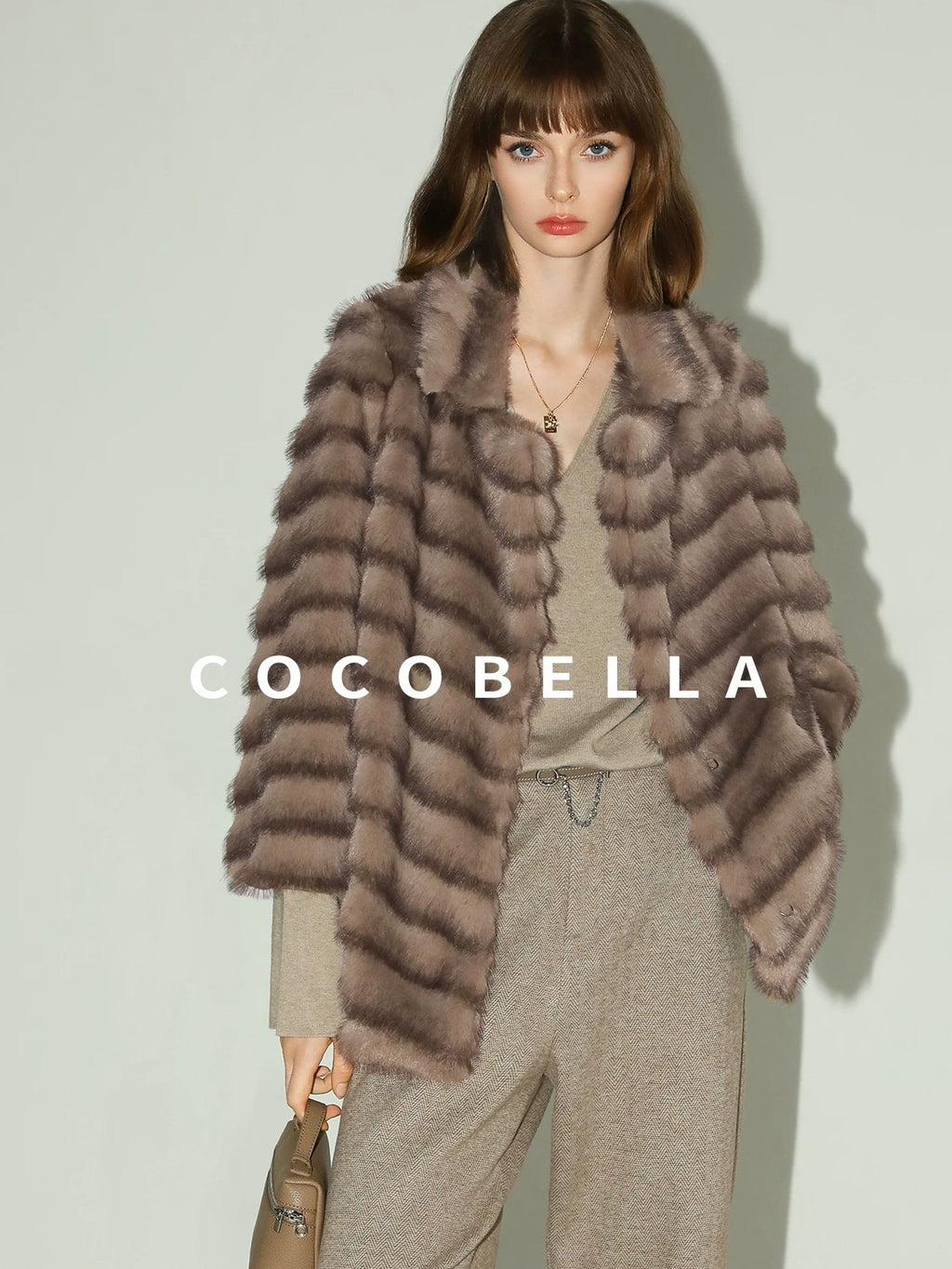 COCOBELLA Warm Faux Fur Oversized Lapel Collar Commuter Women Pastel Stripe Jackets
