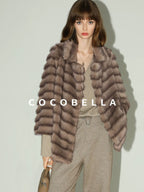 COCOBELLA Warm Faux Fur Oversized Lapel Collar Commuter Women Pastel Stripe Jackets