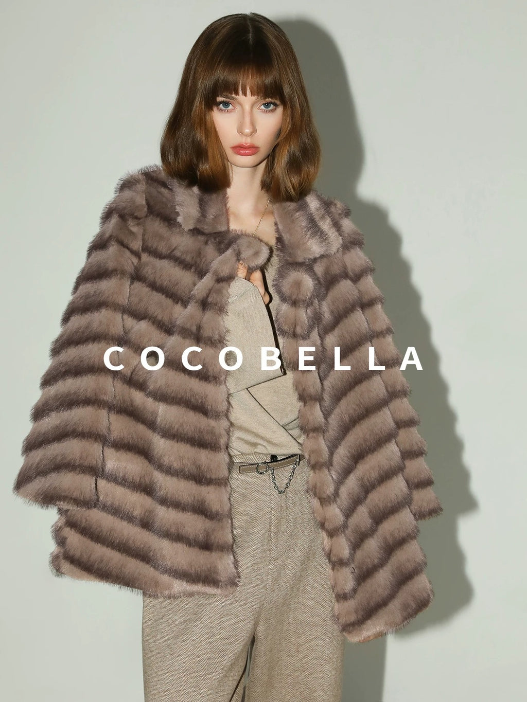 COCOBELLA Warm Faux Fur Oversized Lapel Collar Commuter Women Pastel Stripe Jackets