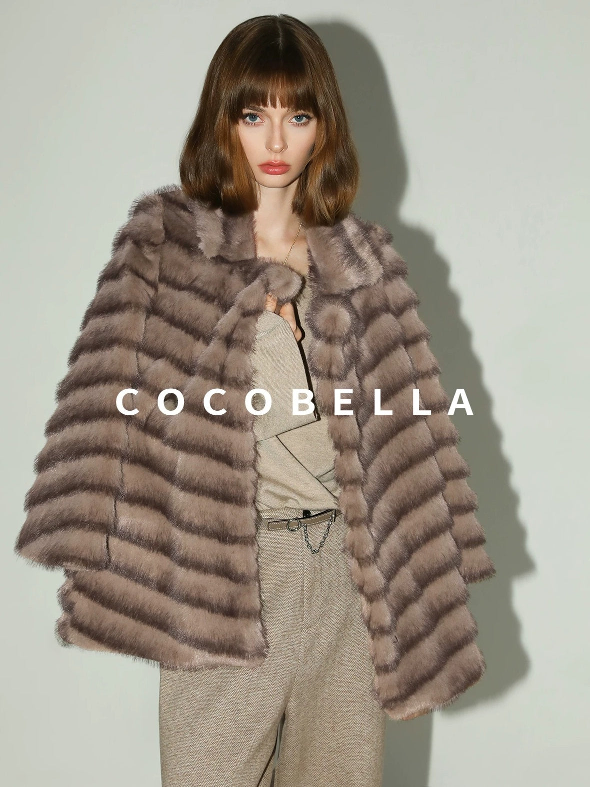COCOBELLA Warm Faux Fur Oversized Lapel Collar Commuter Women Pastel Stripe Jackets